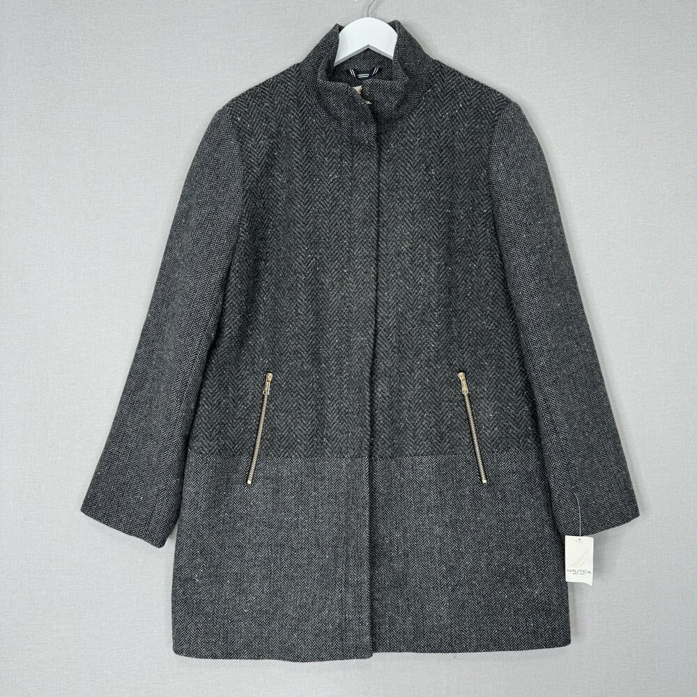 Nautica Womens Jacket XL Gray Wool Blend Herringbone Coat Gold Zip Up Old Money